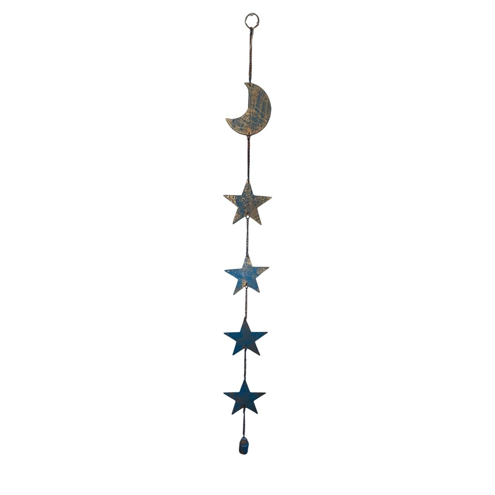 Mira Fair Trade Celestial Moon Stars Metal Wall Hanging Bell Blue Gold 39.5"